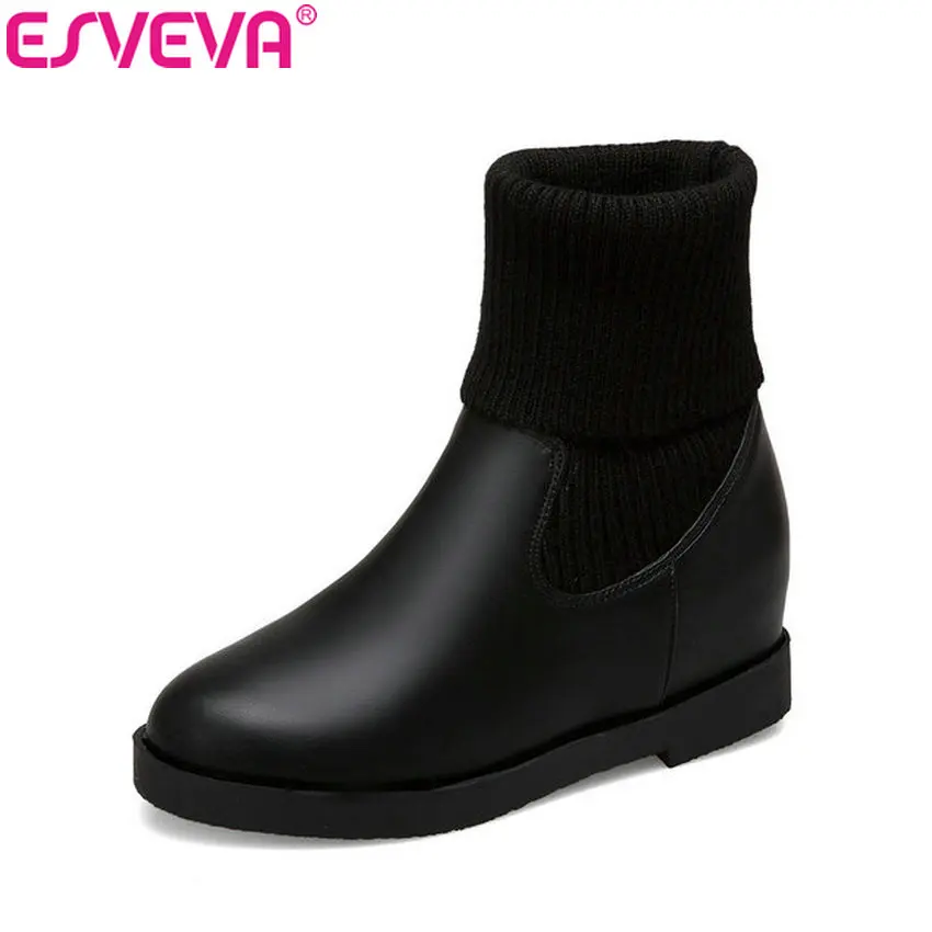 

ESVEVA 2019 Women Boots Round Toe Square Heels Slip on Winter Autumn Shoes Stretch Fabric Ankle Boots Woman Shoes Size 34-43