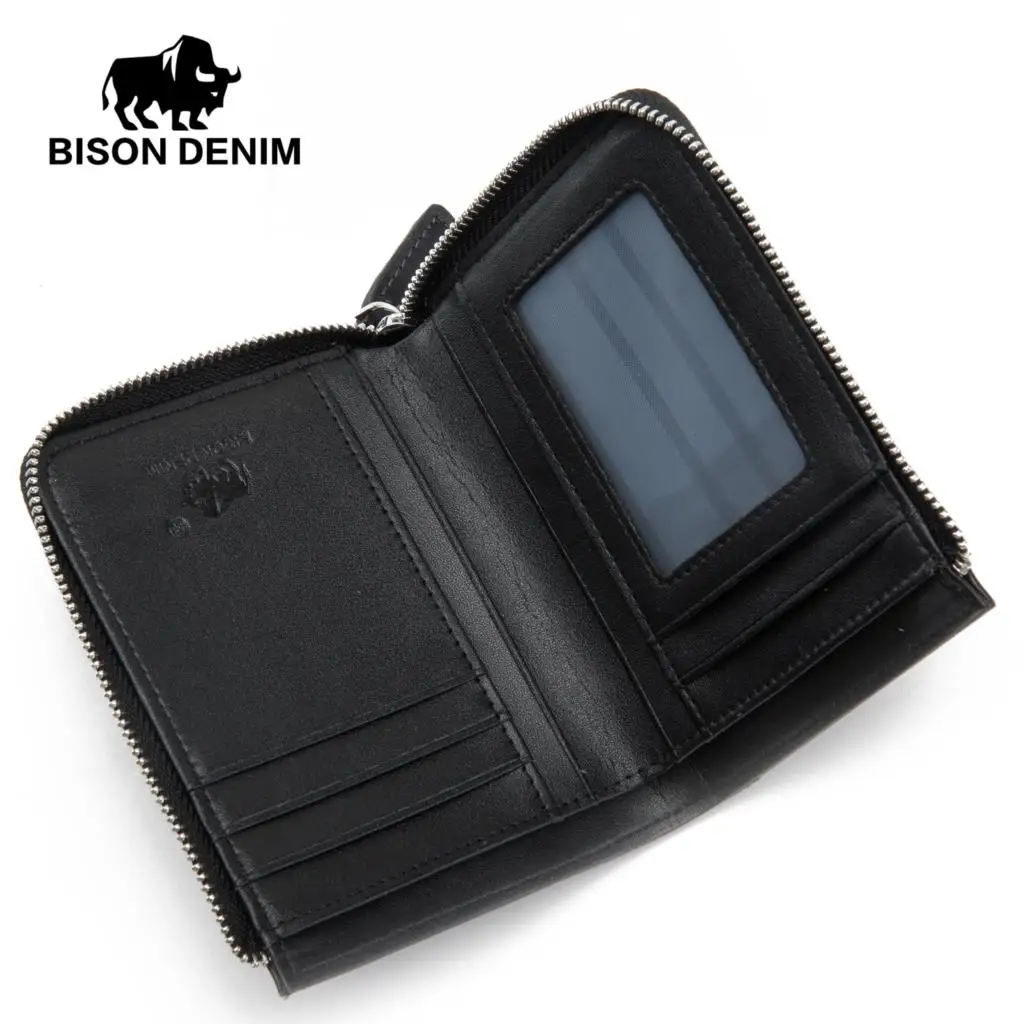 Мужской кошелек BISON DENIM из коровьей кожи с карманом для монет на молнии держатель