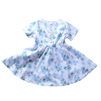 

Baby Girls Dresses Zomer Ruched Casual Button Decoration Blue Floral Sweet Girls A-line Dress Kids Clothes