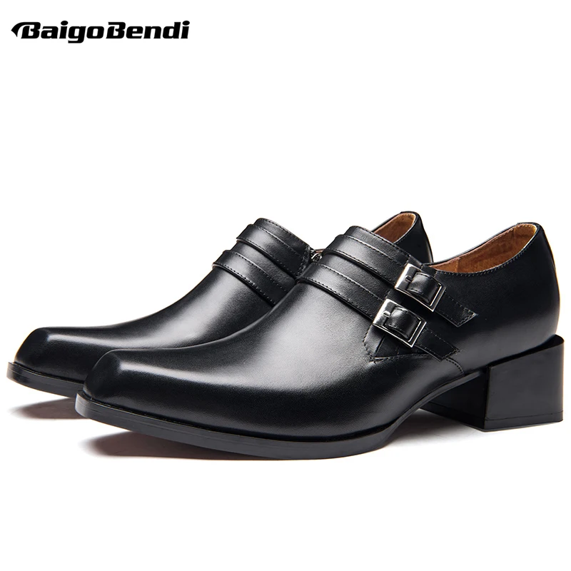 Hot Sale! Men Trendy Heels Full Grain Leather Buckle Belt Pointed Toe Thick Heel Oxfords Business Man Hightened Shoes 5CM