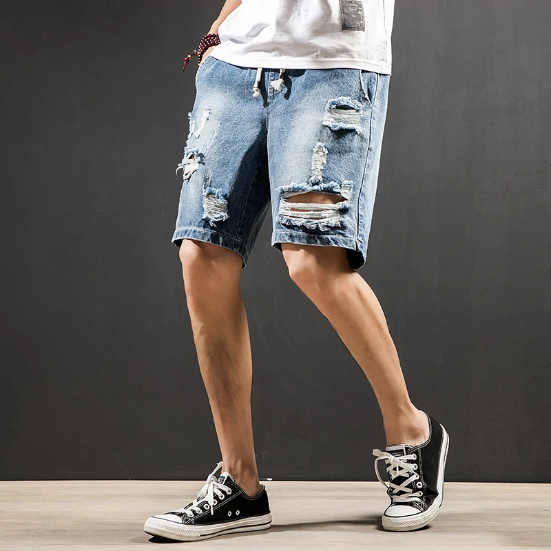 Летние новые мужские джинсовые шорты с дырками, модные повседневные облегающие высококачественные прямые шорты из джинсовой ткани, Мужская брендовая одежда