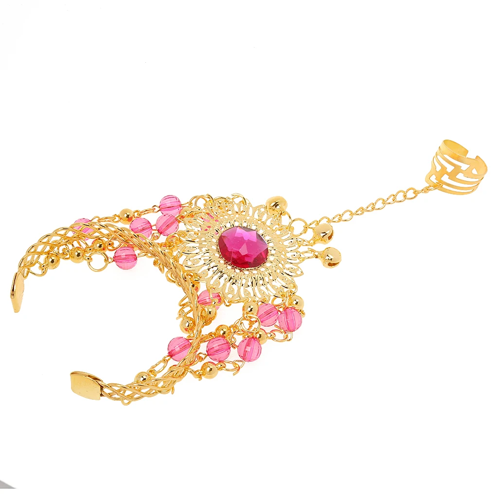 Phenovo Ladies Bridal Party Costume Necklace Earrings Headpiece Hand Jewelry for Parties Belly Dancing -Rose red