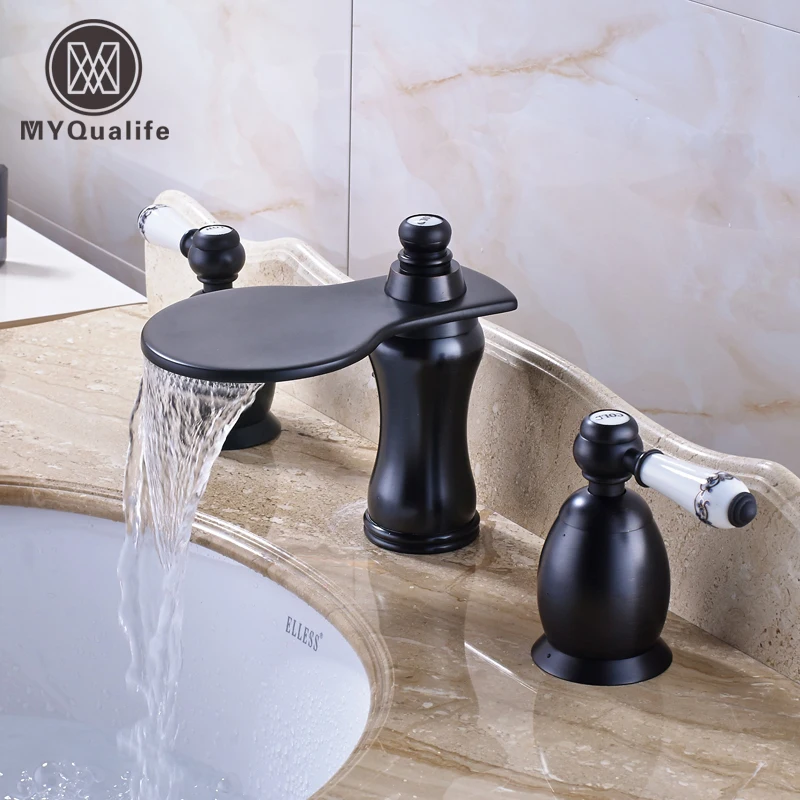 

Modern Black Ceramic Bathroom Wash Basin faucet Deck Mounted Two Handle Three Holes Waterfall Widespread Mixer Faucet
