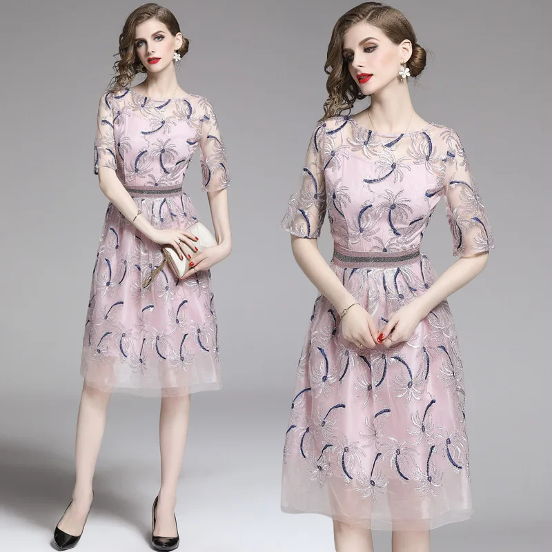 

Women Summer Mid Dress 2019 Mesh Hollow Out Elegant A-line O-neck Embroidery Lace Dresses High Quality Vestidos Robe Mujer