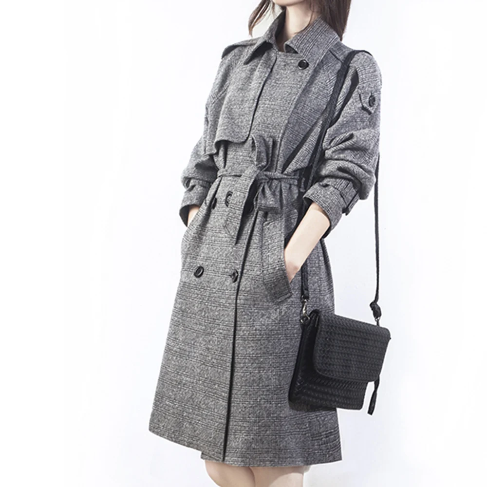 2016 Woman Trench Coat Office Elegant Plaid Long Overcoat for Women