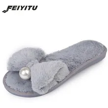 FeiYiTu/женские шлепанцы; Fauxs; Меховая зимняя обувь на плоской подошве; Модные женские тапочки без застежки с бантом-бабочкой; женская обувь; размеры 36-41