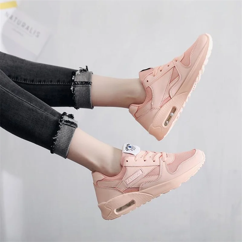 

Fashion Korean white platform sports shoes women's shoes leather lace pink breathable mesh Tenis Feminino casual shoes