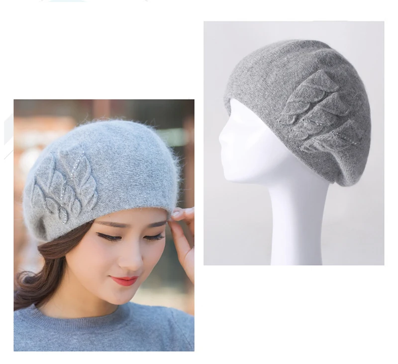 Angora Beanie Women Winter Hat Warm Knit Cap Beret Headwear Double Layer Casual Soft Classic Thermal Snow Outdoor Accessory (1)