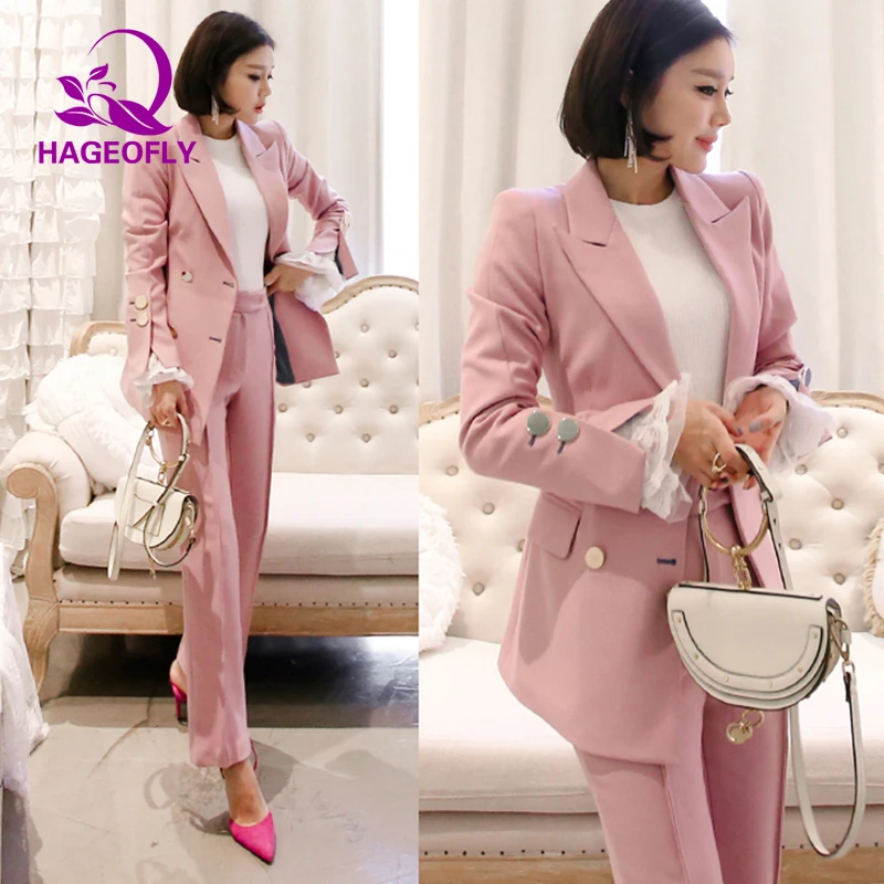 2019 New Korean Women Pant Suit Pink Green Double Breasted Blazer & High Waist Pant Elegant Sweet Work Office Lady Basic Suits 2019 New Korean Women Pant Suit Pink Green Double Breasted Blazer & High Waist Pant Elegant Sweet Work Office Lady Basic Suits