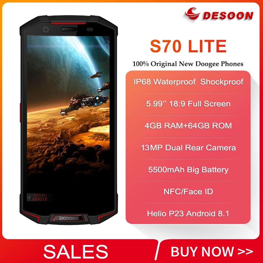 Original IP68 DOOGEE S70 lite Waterproof shockproof 5500mAh 12V2A Charge 5.99'' 4GB 64GB Smartphone 12.0MP Camera moblie phone