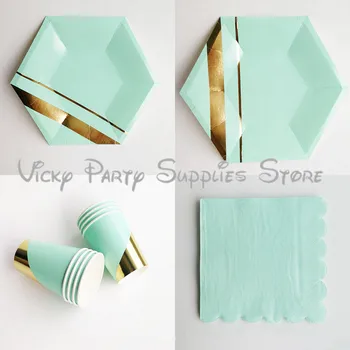

44pcs/lot Hot Stamping Mint Green Disposable Tableware Set Paper Cup Plate Napkin Birthday Wedding Baby Shower Party Supplies