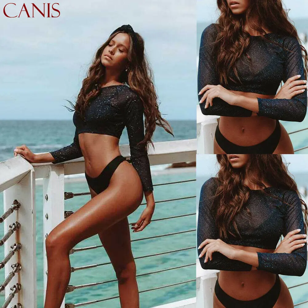 

Trendy Women Summer Tshirt Solid Sparkle Mesh Sheer See-through Long Sleeve Short Crop Top Glitter T-Shirt Women Clothes