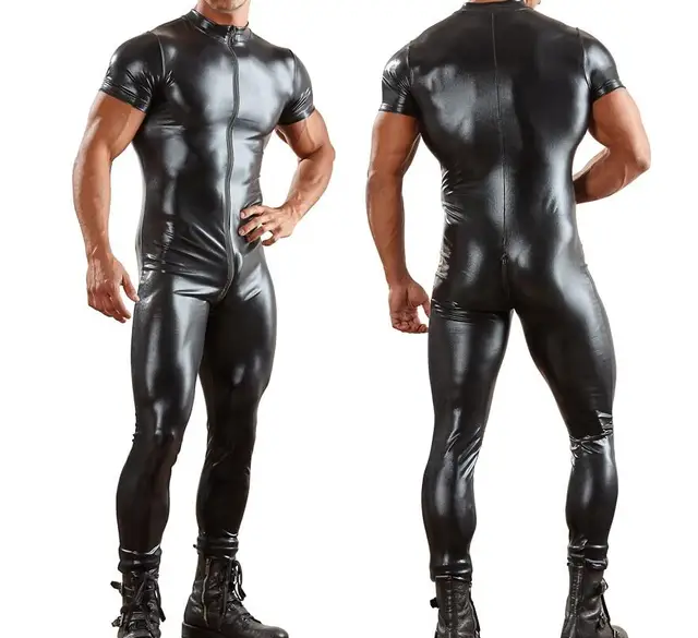 Plus Size XXXL Men's Leather Bodysuit Black Mens Leather Jumpsuit Gay PU Lingerie Wetlook