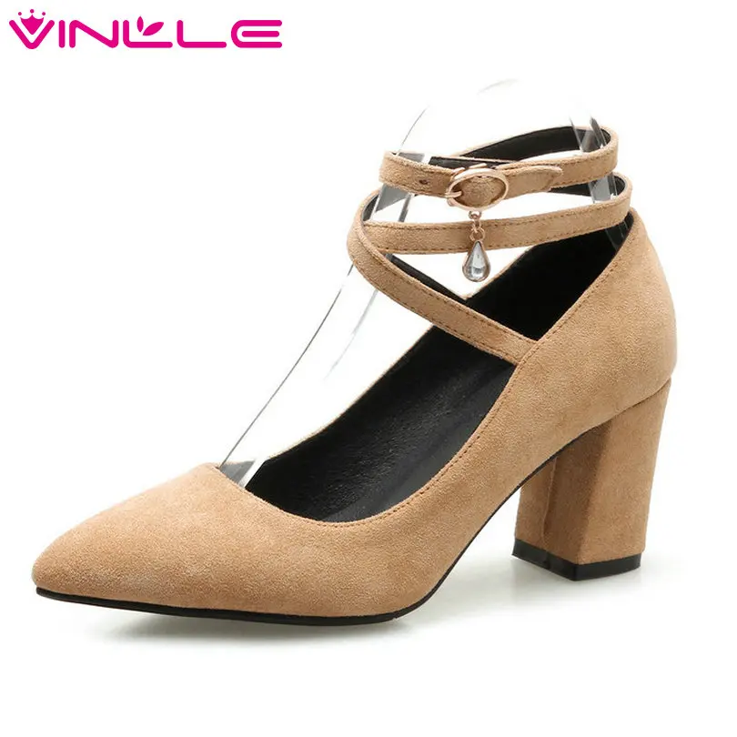 

VINLLE 2018 Women Pumps Pointed Toe PU leather Ankle Strap Square High Heel Crystal Ankle Strap Ladies Wedding Shoes Size 34-43