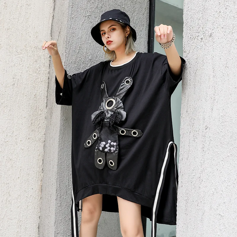 

Women Summer Oversized Punk Gothic Streetwear Hip Hop Black Tshirt Dress Female Ribbons Doll Spliced Short Sleeve Loose Dress