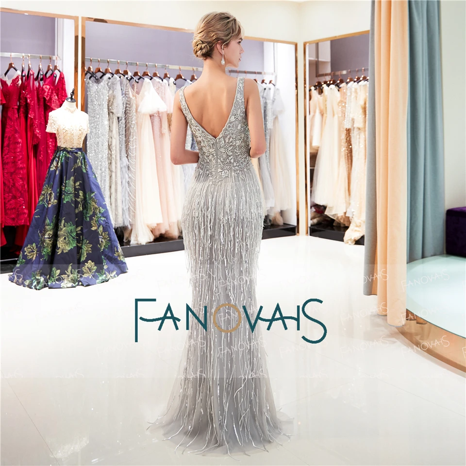 Sexy Silber Meerjungfrau Abendkleider Lange 9 V-ausschnitt Schwere Perlen Prom Kleider Quasten Abendkleid Robe de Soiree QS9 Sexy Silber Meerjungfrau Abendkleider Lange 9 V-ausschnitt Schwere Perlen Prom Kleider Quasten Abendkleid Robe de Soiree QS9