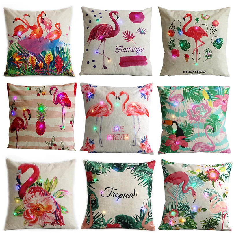 

Flamingo Cotton Linen Throw Pillow Led Cushion Cover Car Home Decoration Sofa Decor Decorative Pillowcase 45*45cm