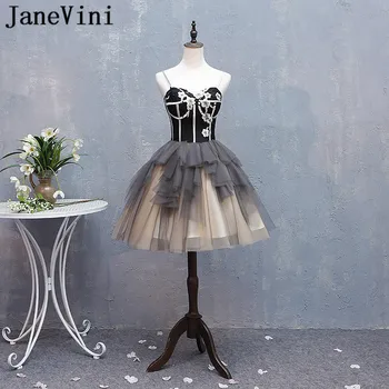 

JaneVini Sexy Black Short Prom Dresses Girls Teens Tulle Spaghetti Straps Bridesmaid Dresses Sweetheart Summer Party Gowns 2018