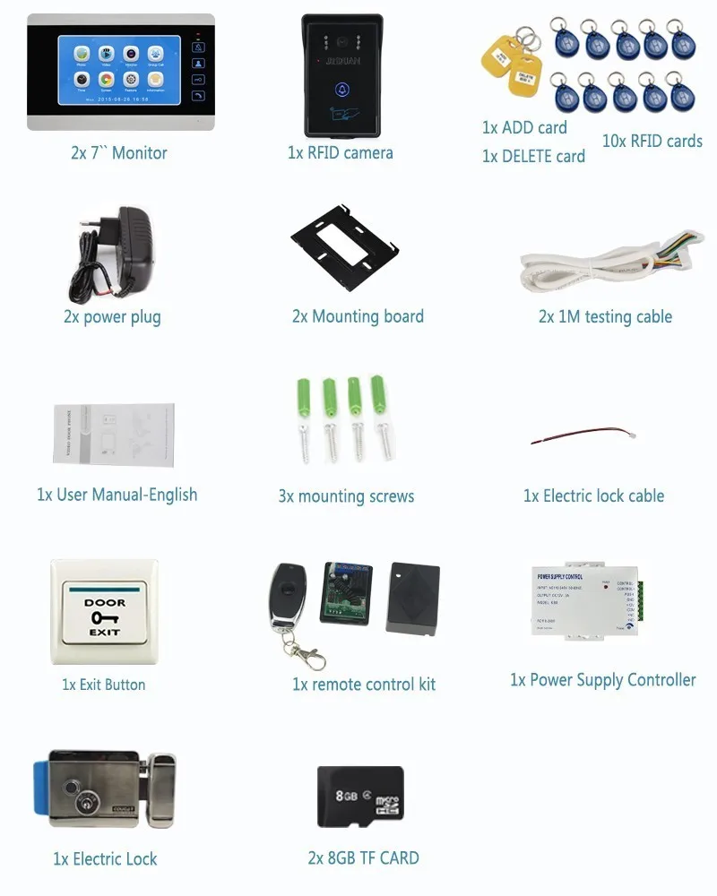 JERUAN 7 дюймов Видео Домофонные дверной звонок голос/видео Запись разблокировки внутренней Системы комплект с 2 мониторами