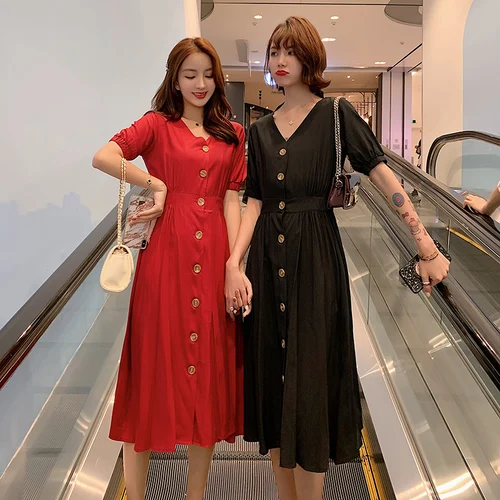 Korean Fashion V Neck Chic Summer Dress Brief Single Breasted A-line Dresses High Waist Casual Pocket Vestidos De Fiesta | Женская