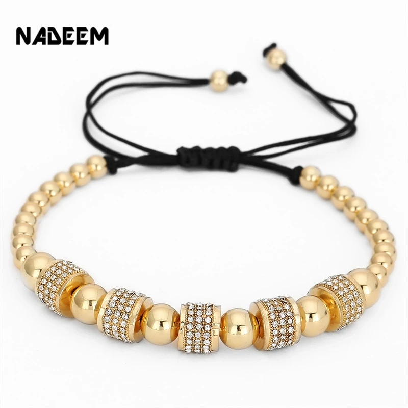 Fashion Micro Pave CZ Zircon 18K Gold Plated Beads Braided Men Macrame Bracelets