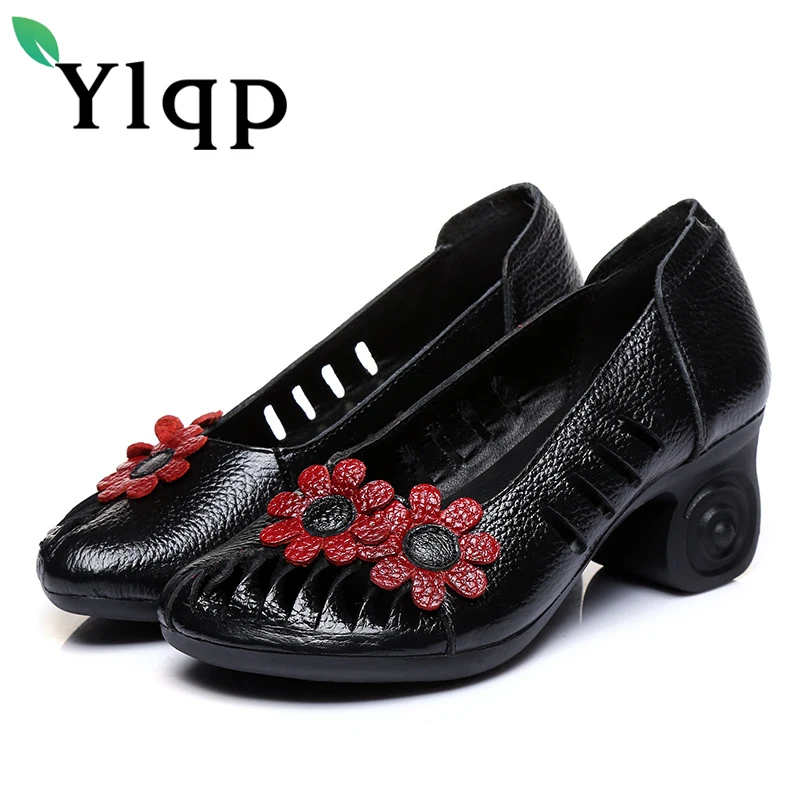 Ylqp National Wind Spring Summer Flower High Heels Female Shoes Woman Leisure Genuine Leather Pumps Comfortable Women's Shoes