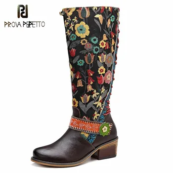 

Prova perfetto Ethnic Style Fashion Women Knee-high Boots Fashion Soft Leather Casual Embroider Retro Long Boots Classic Flower