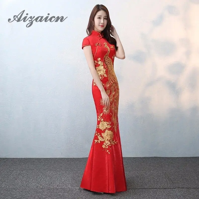 Женское винтажное платье Ципао Qipao красное традиционное вечернее с вышивкой в