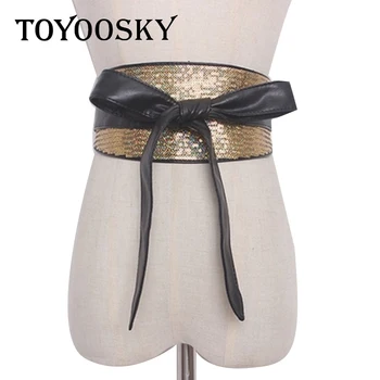 

Sequin Women Wide Belt Gold Red Bow-knot Super Shiny Performance Cosplay Gold Female Wide Waist Belt For Women Dress Belt New