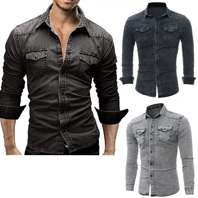 Black Friday Deals 2017 Fashion Men's Long Sleeve Jeans Denim Shirts