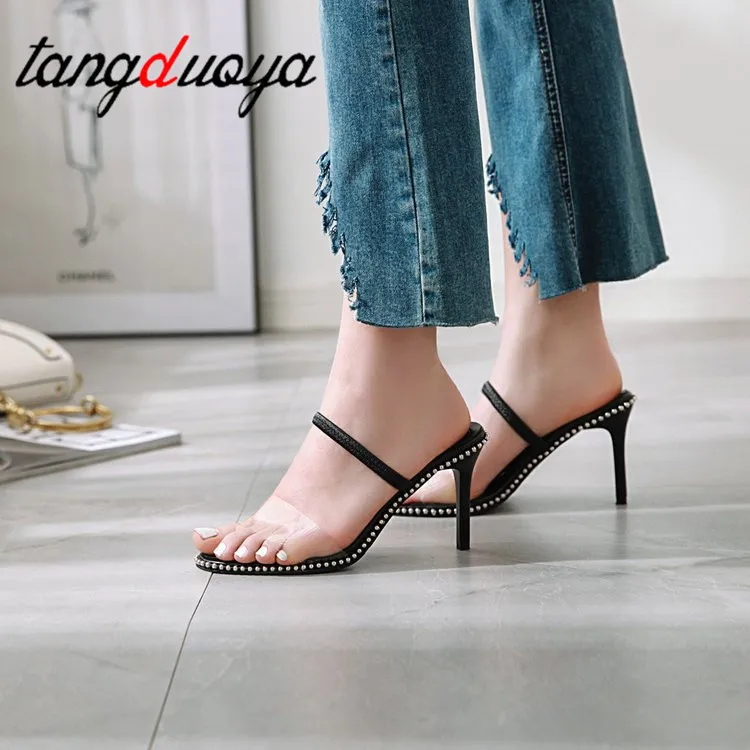 

2019 rhinestone high heels peep toe high heel shoes women stiletto summer transparent back strap fashion women sandals 9cm & 7cm