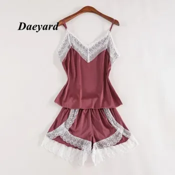 Daeyard Silk Pajamas For Women With Shorts Sexy Lingerie Lace Trimmed Cami Set 2-Piece Summer Satin Pajamas Set Nighty Sleepwear lace panel satin cami pajamas set
