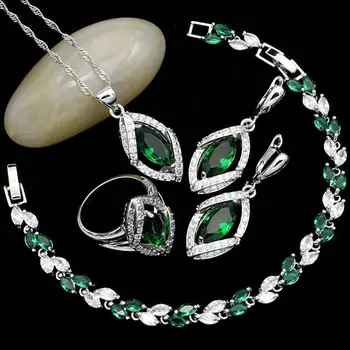 

Silver 925 Jewelry Sets For Women Party Accessories Green Cubic Zirconia Earrings/Pendant/Necklace/Ring/Charm Bracelet Set