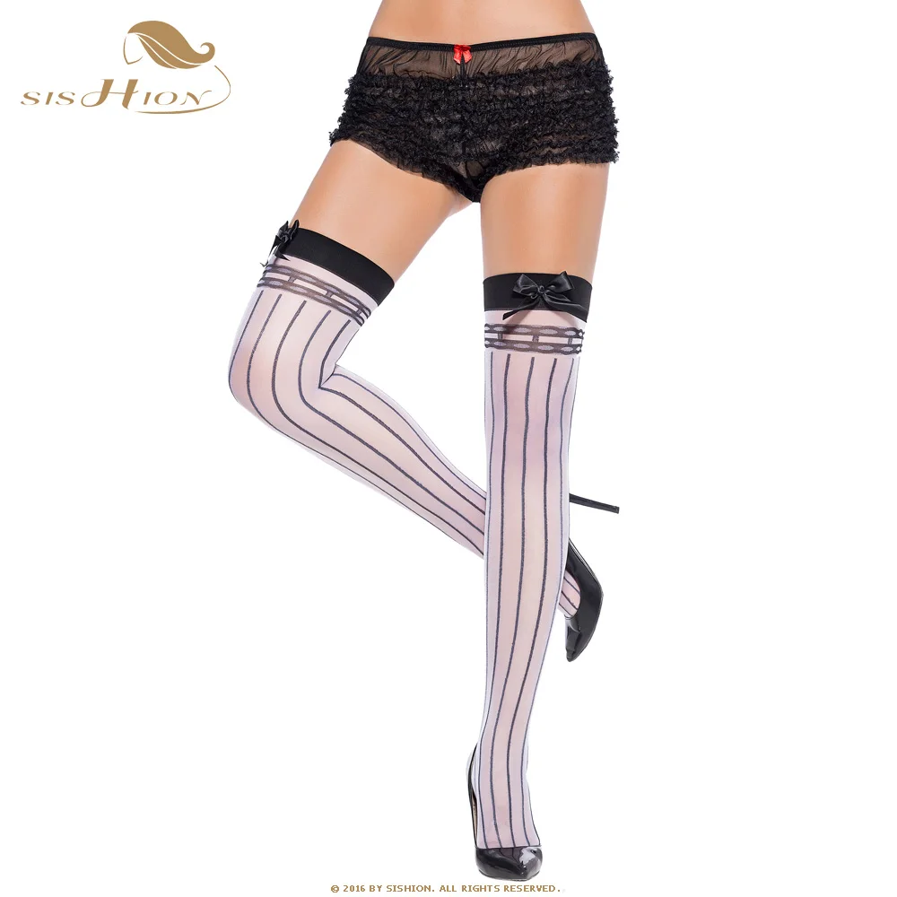 

SISHION Vintage Retro White Sexy Women Bow Lace Stockings Stretch Over Knee Bow-knot Thigh High Stockings with Black Striped