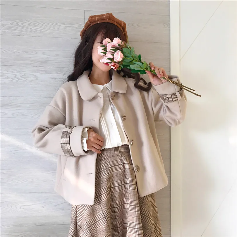 Весенняя женская одежда, новинка, корейская мода, свободная шерстяная плотная куртка+ Студенческая клетчатая юбка, женская одежда из двух частей