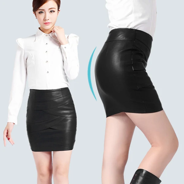 2014 New Korean Style Formal OL Leather Skirt Women Elegant Black Short Skirt Washed Fashion