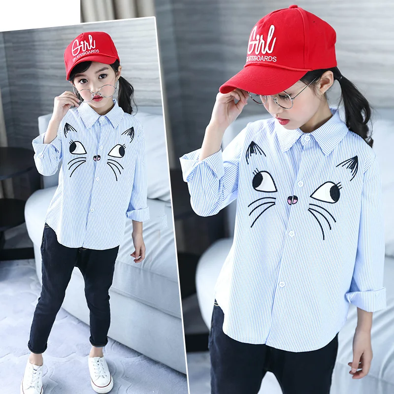 

Hot Children Clothing Girls Shirt Spring/autumn Cat Striped Loose Embroidered Shirt Lapel Personality Cute Girl Blouses 4-12Y