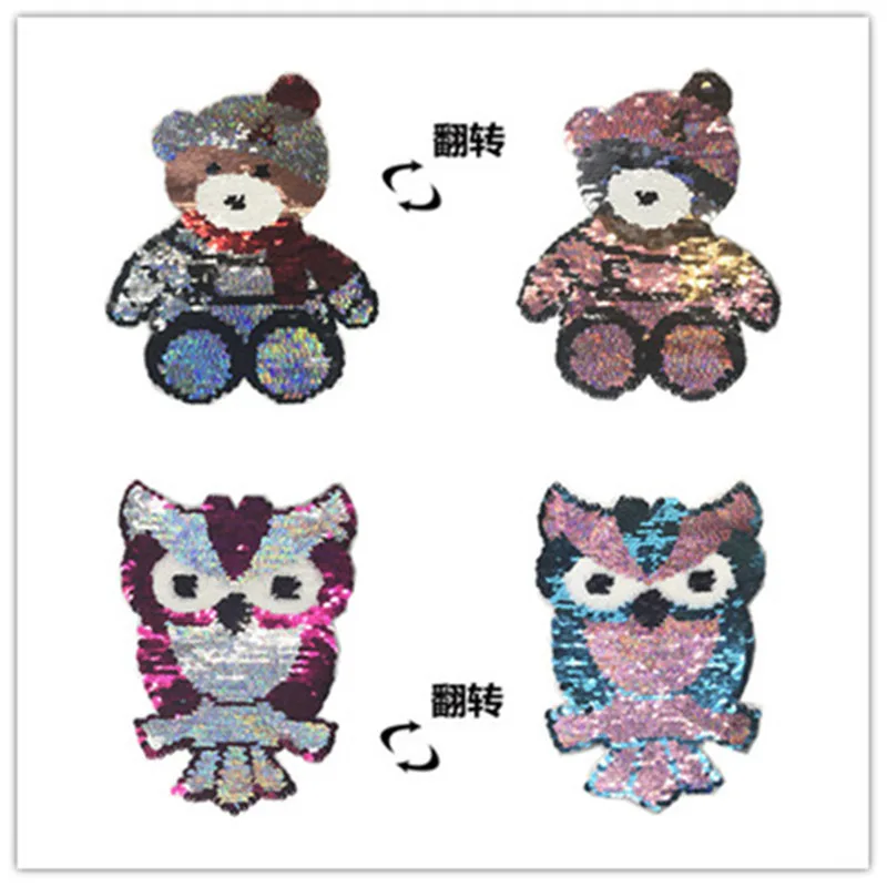 

NEW owl and bear Reversible Change color Sequins Sew On Patches for clothes DIY Patch Applique Bag Clothing Coat Sweater Crafts