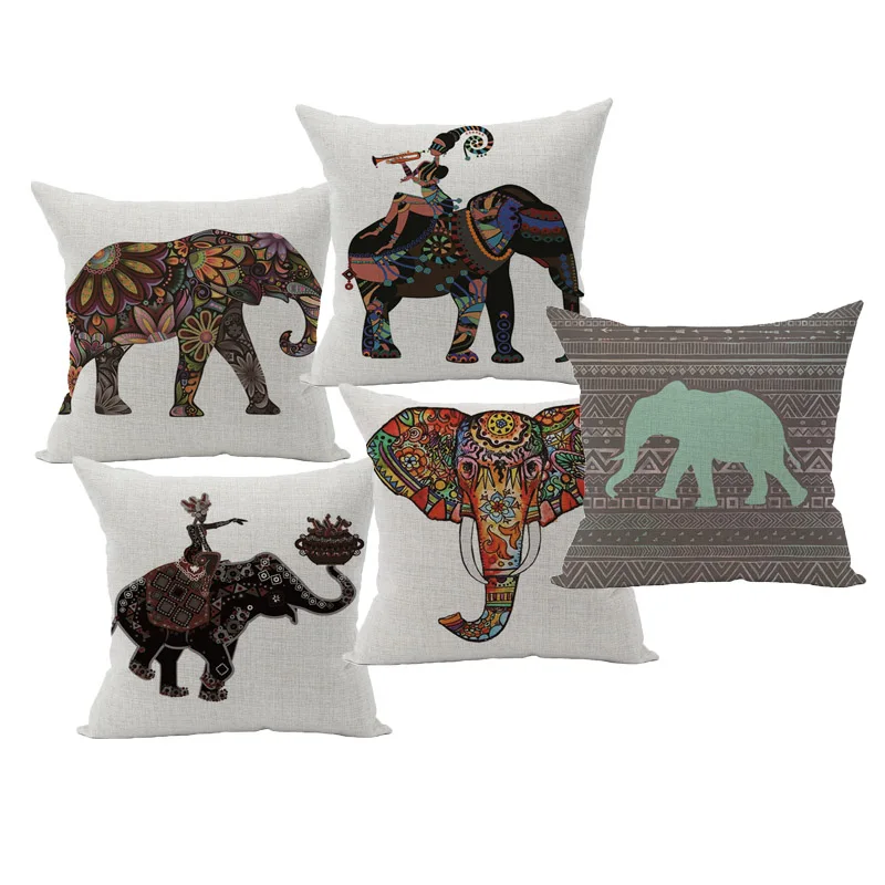 Red Couch Pillows Maroon Linen Pillow Decorative Cute Colorful India Elephant Pillowcase Pillow Cover Cotton Linen Chair Seat And Waist Square 45x45cm Cushion Home Living
