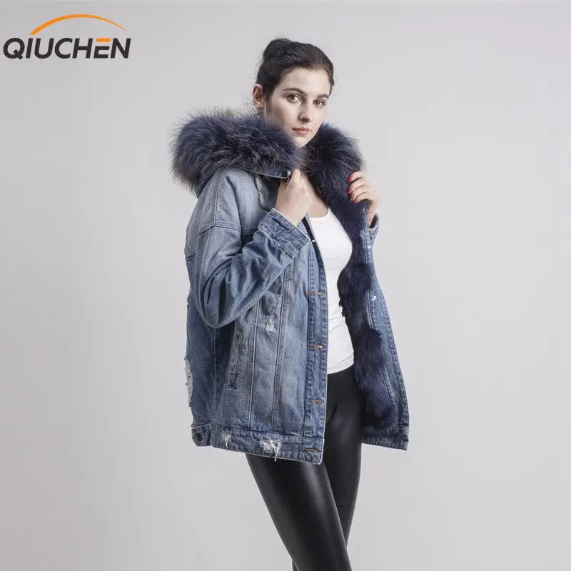 

QIUCHEN PJ1816 real fox fur lined three colors denim jacket jeans coat with real raccoon fur collar for winter fur parka
