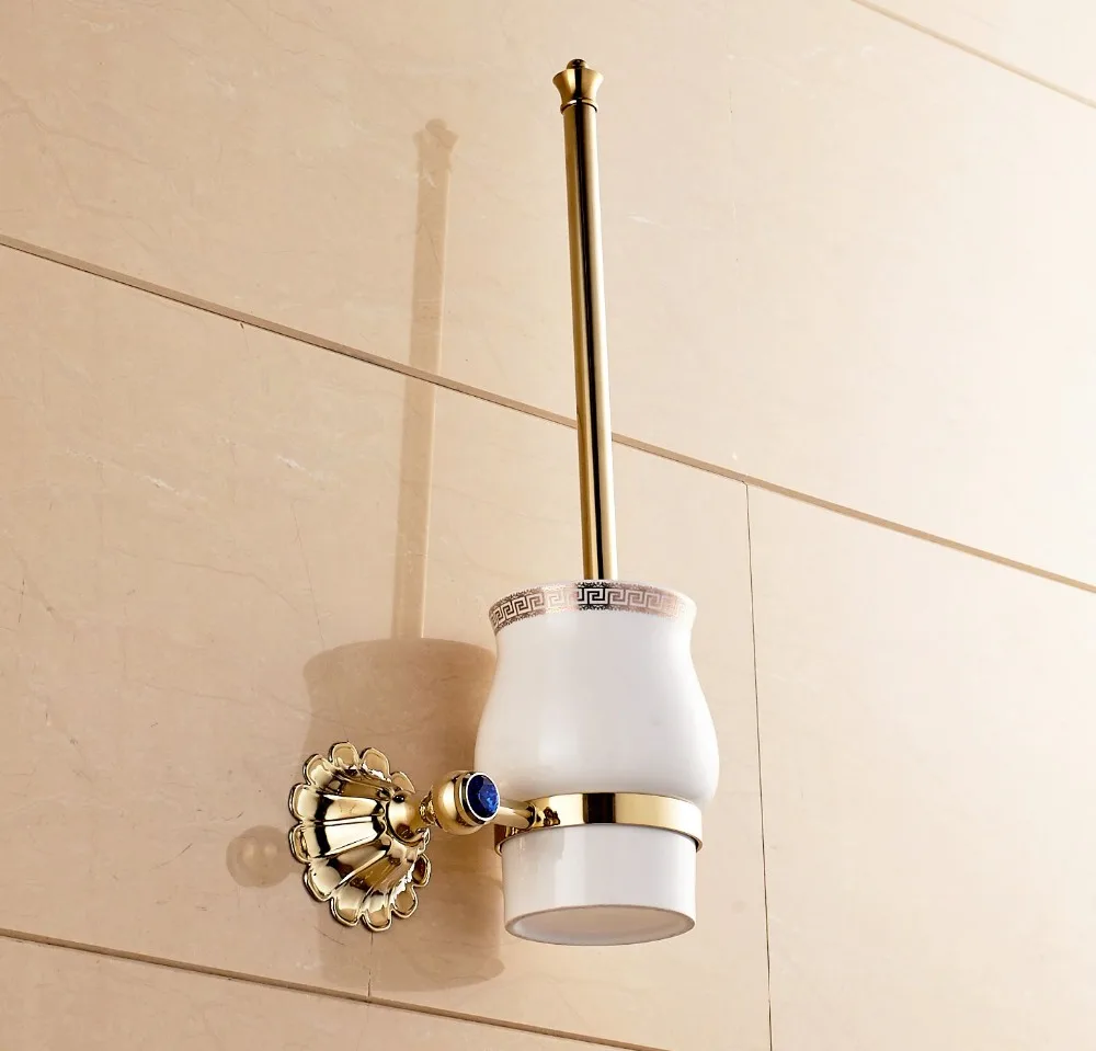

Free Postage Gold Plate Toilet Brush Holder With Ceramic Cup Wall Mounted Flower Carved