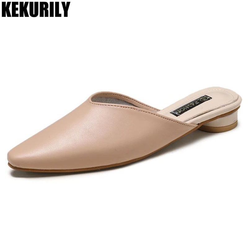 low heels mules Woman Closed toe Slides shallow slip on Shoes fashion leather sandals Spring autumn shoes black khaki beige nude