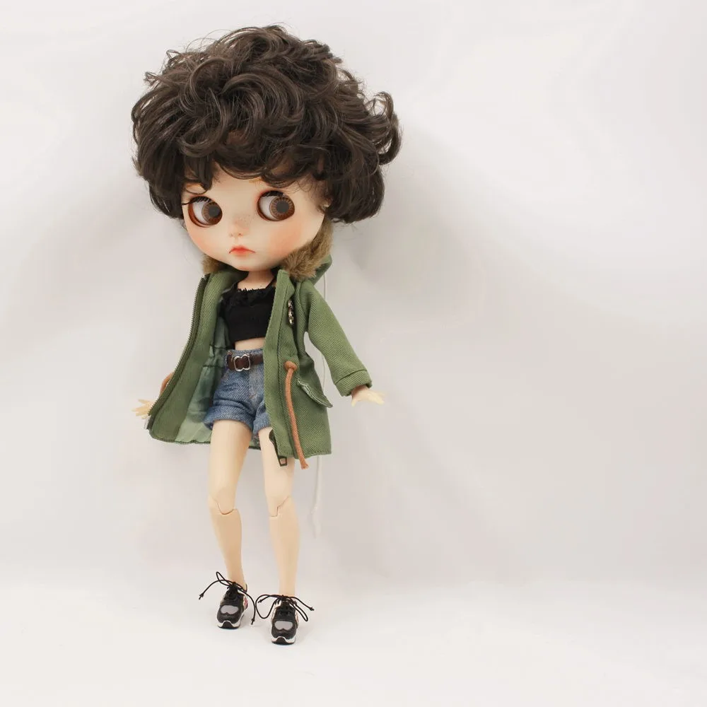 Neo Blythe Doll Denim Shorts Black Lace Bra with Green Army Jacket 1