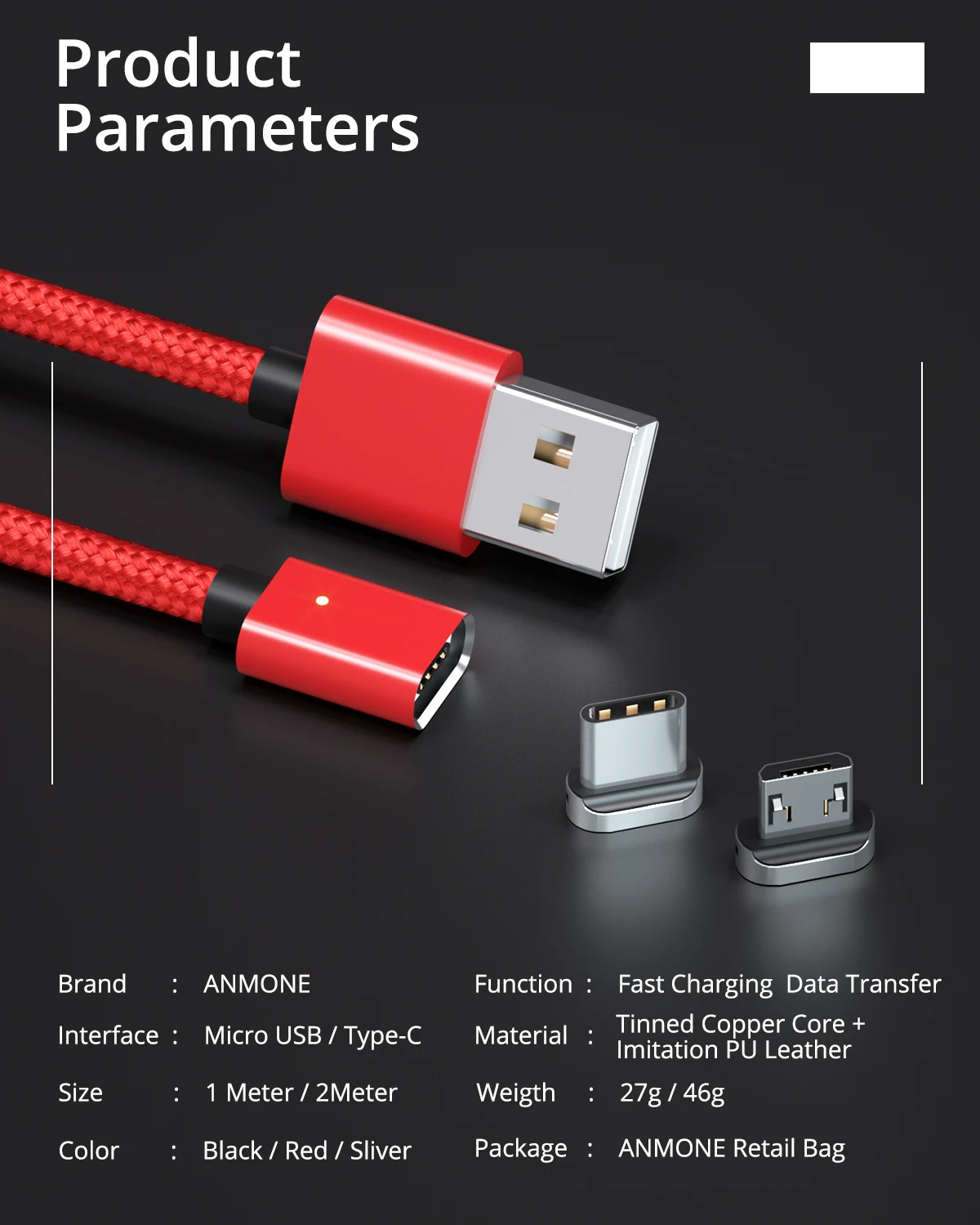 ANMONE Магнитный кабель Micro usb type C кабель 1 м 2 м нейлоновый плетеный провод для быстрой зарядки быстрое зарядное устройство для телефона Магнитный зарядный шнур для передачи данных