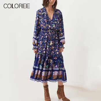 

COLOREE High Quality Vintage Floral Printed Midi Dress Summer Ruffles V-neck Lace-up Sashes Tassel Vacation Bohemian Dress