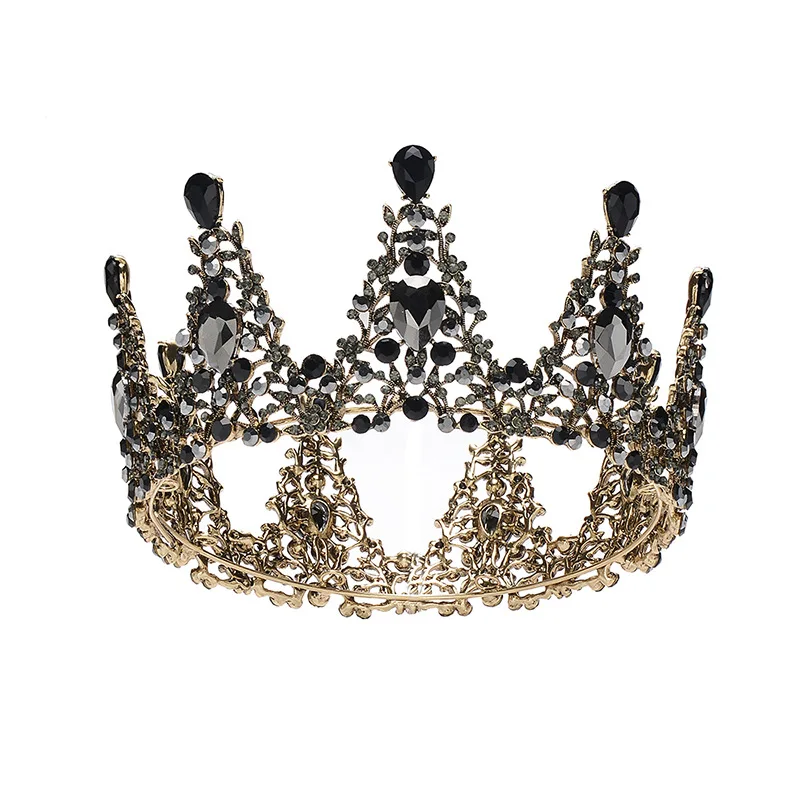 

Retro New Black Gold Shiny Round Princess Crown Black Crystal Head Ornament Fashion Baroque Wedding Bridal Crown Headdress