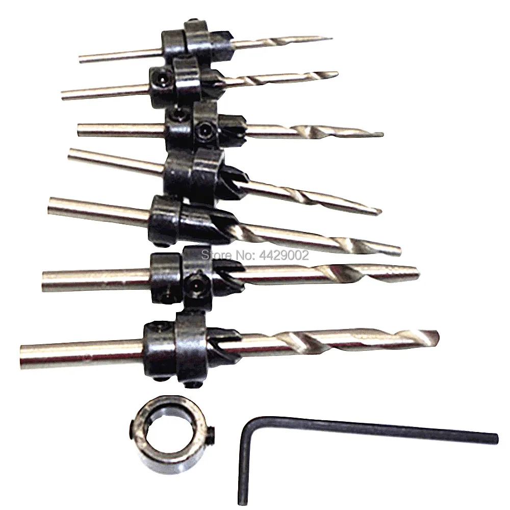 7pcs Tapered Drill Bits Countersink Set Adjustable Stop Collars Hex Key