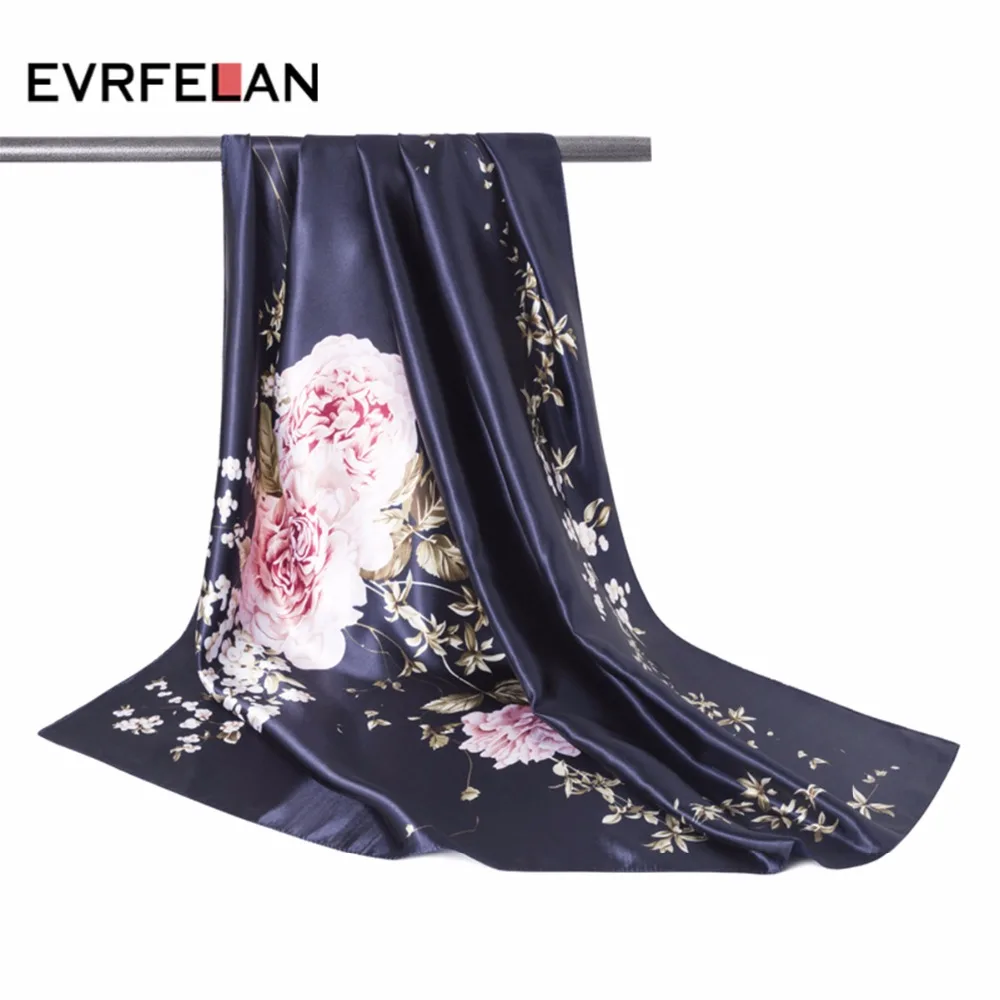 

2019 New Women Scarf Thin Spring Shawl Scarf Women China Satin Fashion Roses Flower Printed Female Square Scarves Wraps 90*90CM