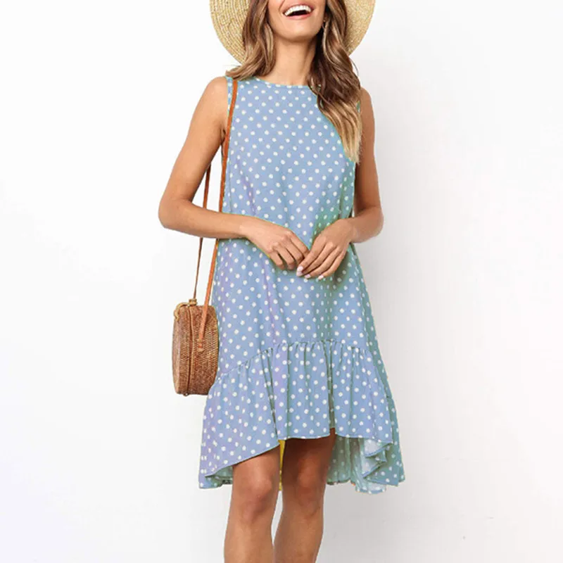 

Women Beach Holiday Large Size Wave Point Dress 2019 Summer New Fashion Casual Sleeveless Ruffles Irregular Lady Dress Vestidos