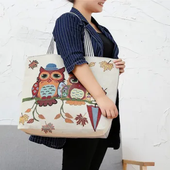 

big Pink Cartoon Owl Printed Shoulder Bag Women Mother Large Capacity Female Shopping Bag Canvas Handbag Summer Beach Bag Ladies